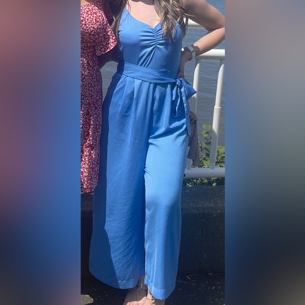 Light Blue Loose Jumpsuit with Waist Tie